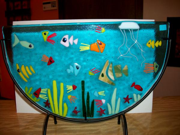 Ocean Fishes  -  Fused Glass with Half-moon Stand