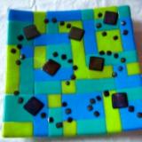 Blue/Green Checkers - fused glass plate