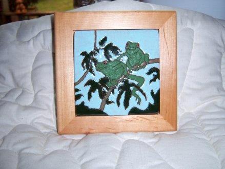 Two Frogs -framed handmade tile