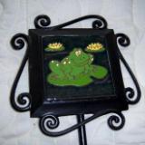 Lily Pad Frog - handmade tile on garden stake