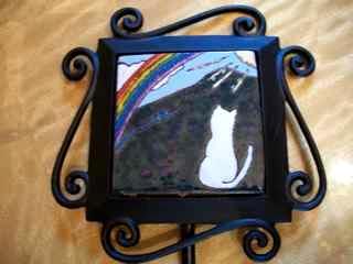 Rainbow Bridge Cat - handmade tile on a garden stake