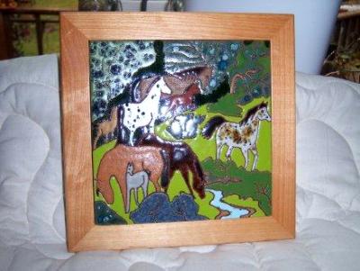 Horses in Pasture - framed handmade tile