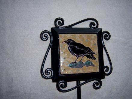 Raven -handmade tile on garden stake