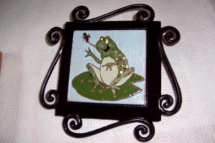 Hungary Frog - handmade tile on garden stake