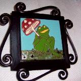 Toadstool Frog - handmade tile on garden stake