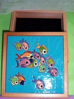 Swimming Fishes - handmade tile on box