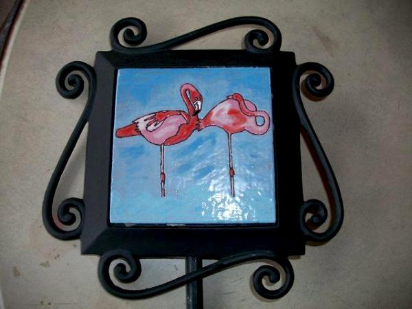Flamingos - handmade tile on garden stake